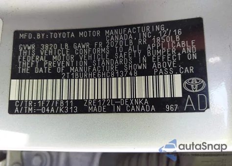 2017 Toyota Corolla Le from USA, damaged, VIN 2T1BURHE6HC813748